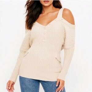DEREK LAM 10 CROSBY Off Shoulder Ribbed Knit Wool Cashmere Blend Sweater Ivory M